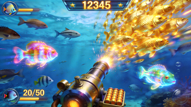 捕鱼游戏界面展示，多种鱼类游动，玩家炮台瞄准黄金鱼群
