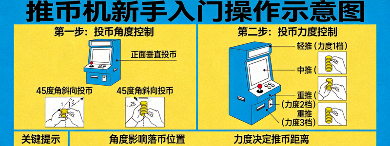 推币机新手入门操作示意图，展示投币角度与力度的基本控制方法